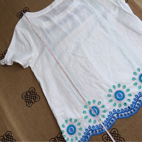 TALBOTS Linen Blend Embroidered Square Neck Top In White/Blue - Picture 16 of 16